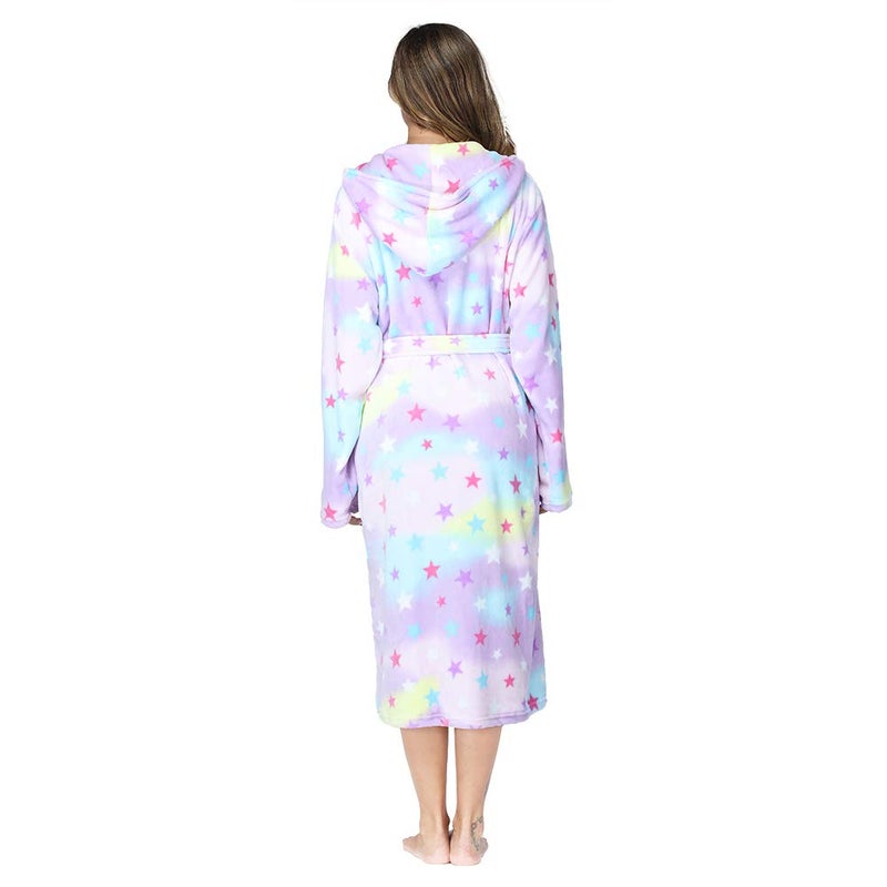 RONGTAI Womens Robes Plush Fleece Print Star Hooded Bathrobe Thick Nightgown with Pockets Fluffy Sleepwear XX-Large - Image 5
